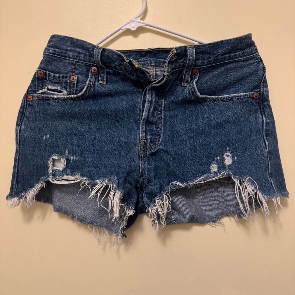 Levi's 501 High Rise Denim Frayed Shorts in Distressed Dark Wash